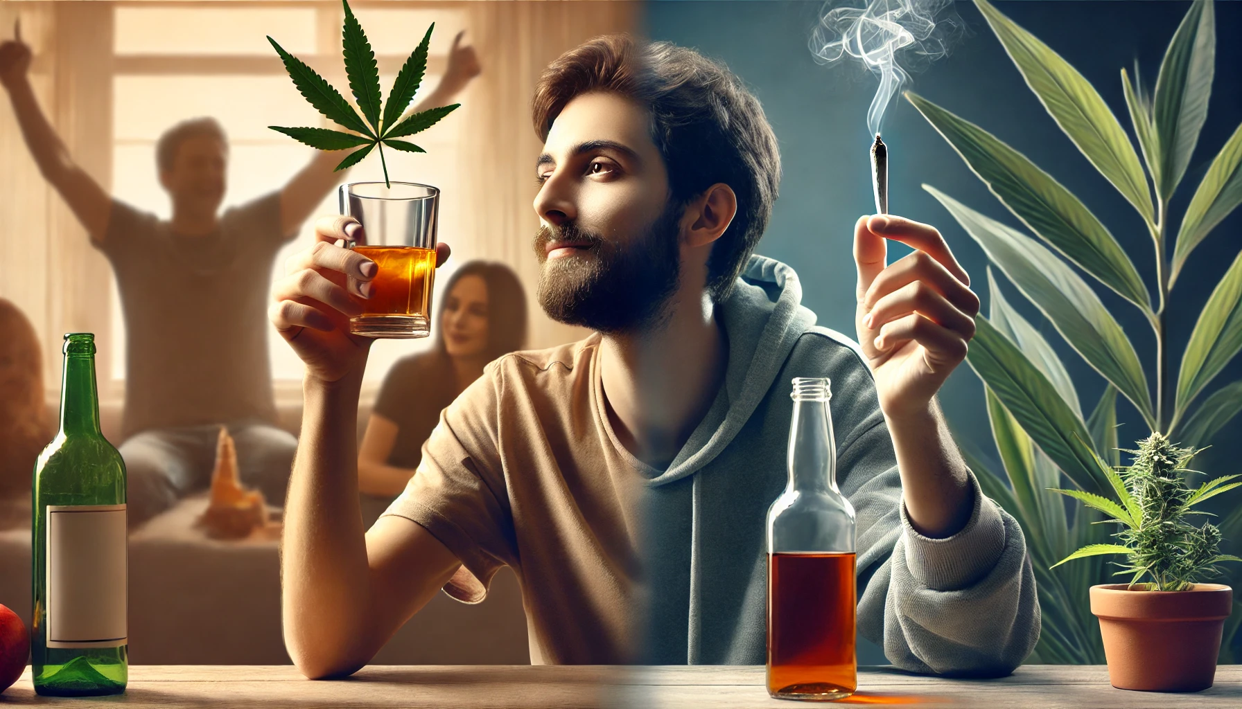 man holding a beer in one hand and a marihuana joint in another 